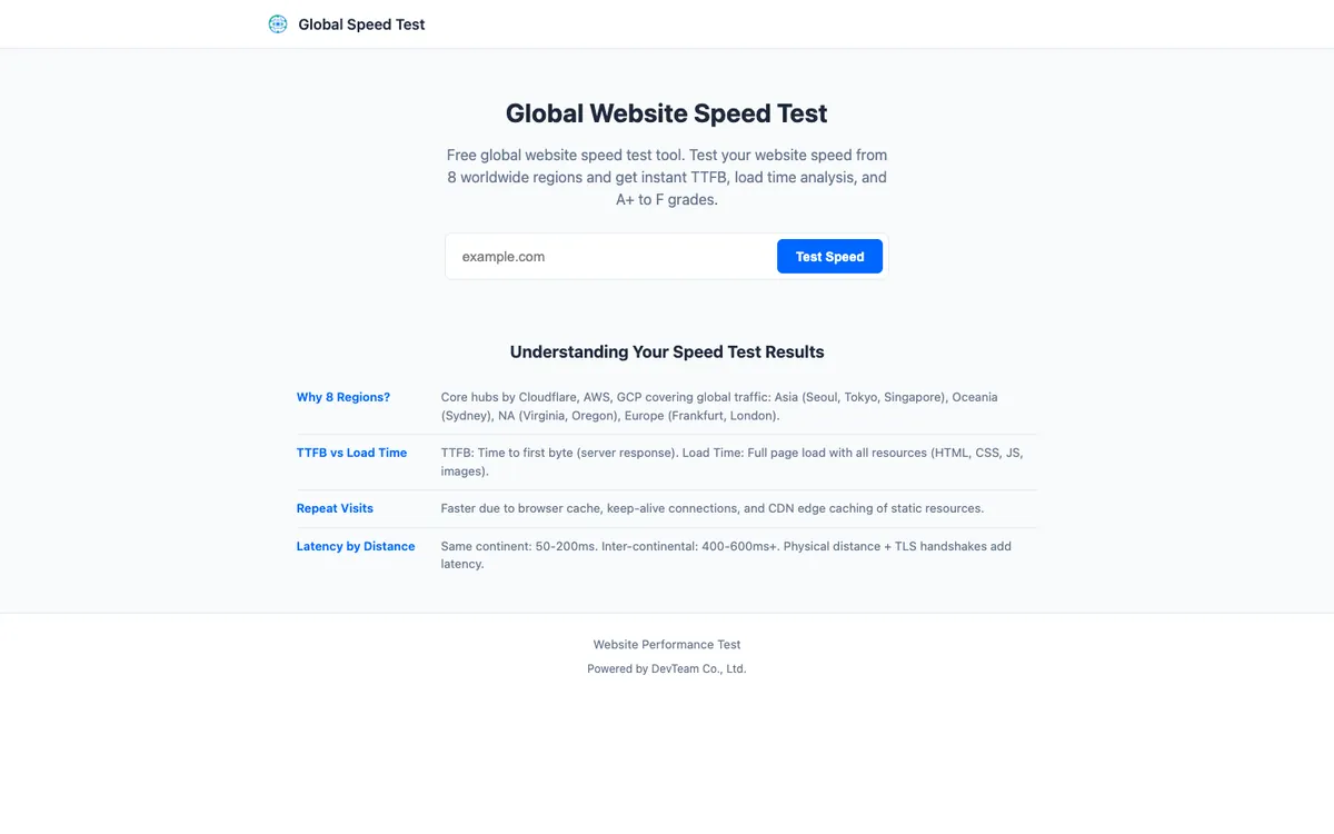 Global Website Speed Test — 8개 리전 동시 속도 측정 화면